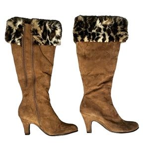 NEW Aerosoles 3.5” Heel Tan Suede Knee High Boot Furry Cheetah Leopard Design